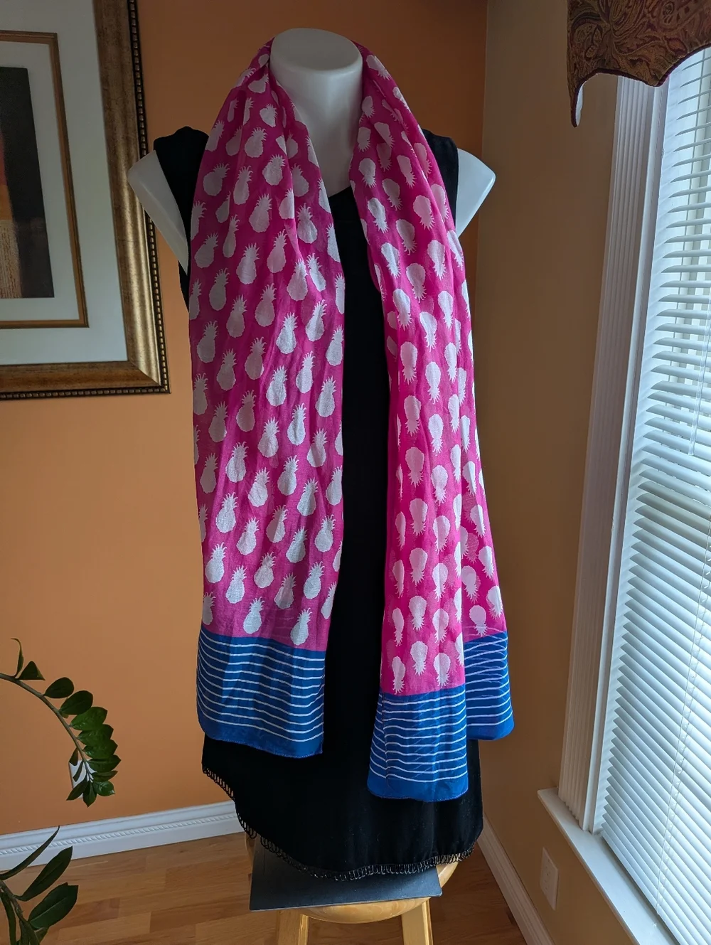 Talbots Pink Pineapple Print Scarf with Blue Striped Border 75% Cotton 25% Silk